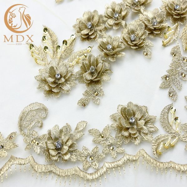 Gold Rhinestones Bridal Lace Fabrics Polyester Decoration 55 Inch Width