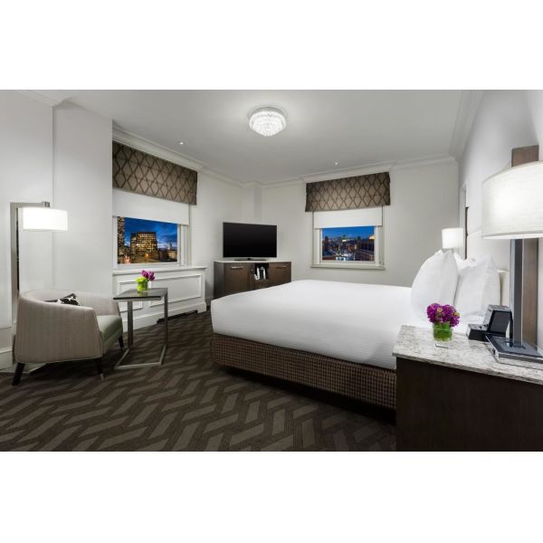 Hotel Room Standard Large Bedroom Leather Padded Headboard Bed and Big TV Cabinets with Lounge Sofa set by Black Walnut