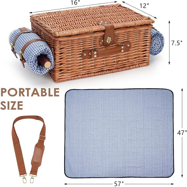 Wicker Picnic Basket with Lid and Handle Sturdy Woven Body with Washable Lining for Easter,Mother's Day,Outdoor Camping