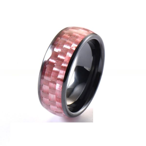 8mm Black Ceramic Wedding Band With Pink Carbon Fiber Inlay And Invisible Setting