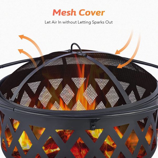 Round Portable Wood Burning Fire Pit Camping Bonfire With BBQ Grill