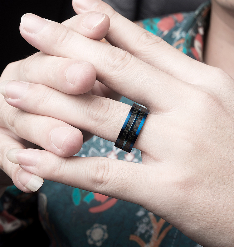 High Polished Stainless Steel Love Wedding Band Blue Plated Dome Groove Couples Engagement Rings