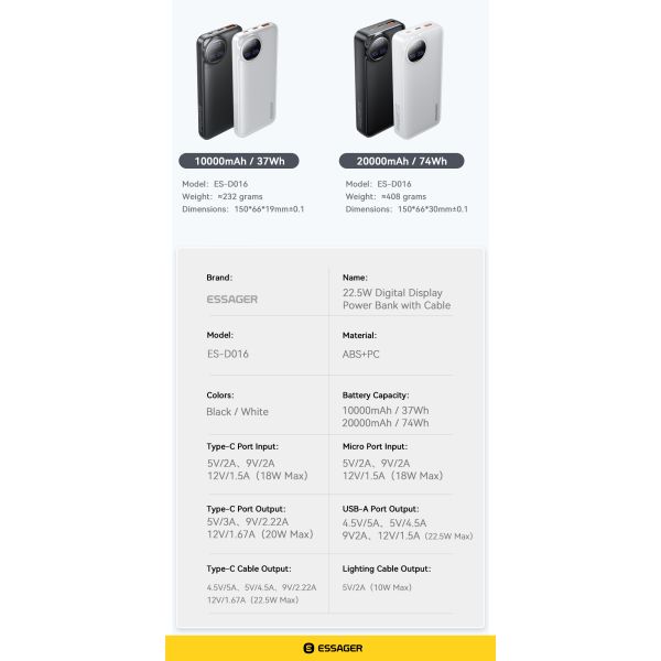 ESSAGER ES-D016 Series 20000 mah Power Banks with USB A/C/Lighting Output LED Display
