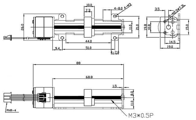 SM20-55L-T Miniature Linear Stepper Motor 20mm 1KG Thrust M3 Lead Screw