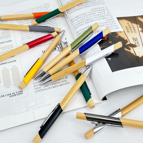 Environmental Multi Color Press Type Bamboo Ball Pen Printing Logo Click Ballpoint Pen