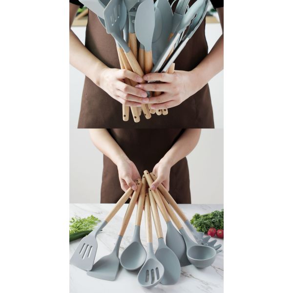 Non Toxic 12 Piece Silicone Cooking Utensil Set With Wood Handle
