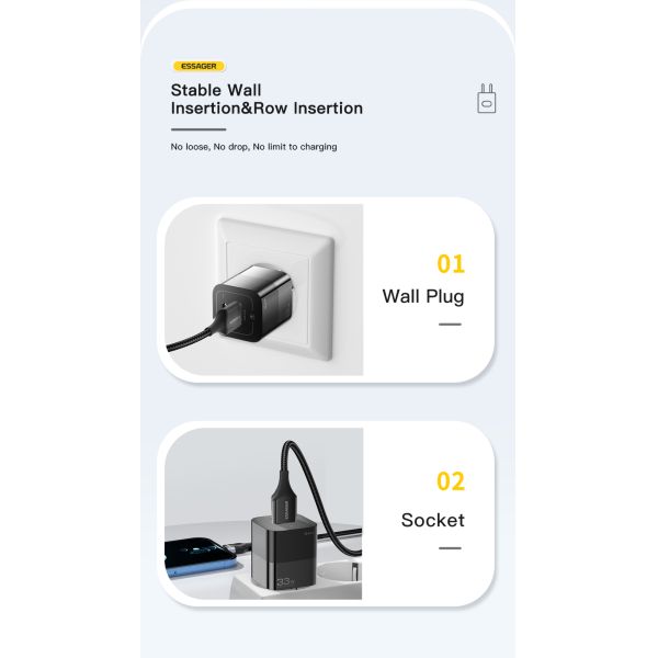 Essager 33W Mobile Phone Fast Charger USB + Type C Port