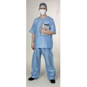 Sterile Spunlace Disposable Light Blue Hospital Scrubs With Round Neck