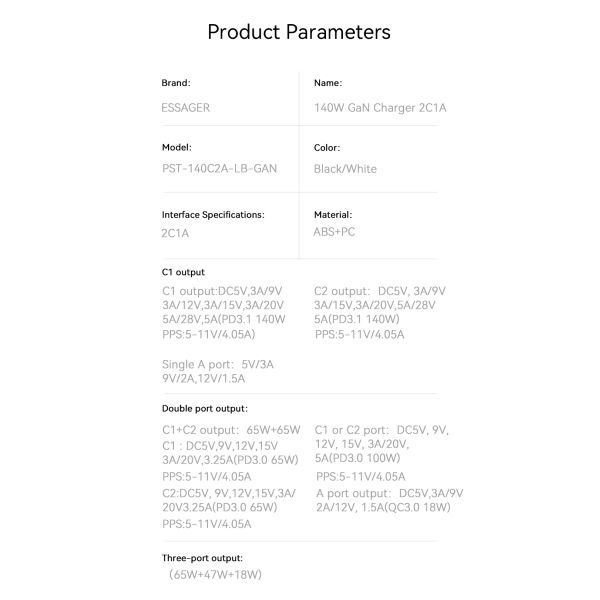 Essager Mobile Phone GaN Chargers 140W With 3 Ports In 1 USB A 2 Type C