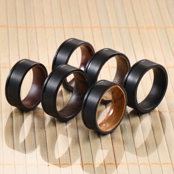 8mm Black Tungsten Ring Grooved Offest Whiskye Barrel Wood Liner Classic Style for Men Wedding Band Engagement Promise Gift