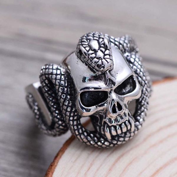 Mens Retro Vintage Sterling Silver Ring Engraved Skull and Snake Design(024572)