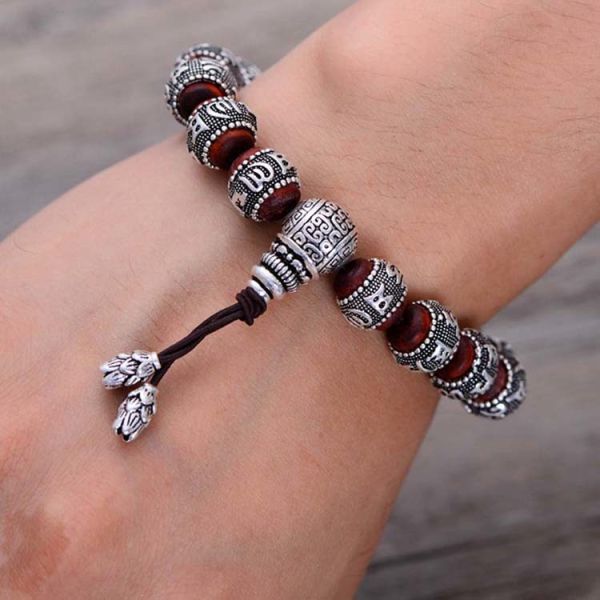 Women and Men Sterling Silver Wrap Sandalwood Bead Strand Bracelet Couples Jewelry(B20180102)