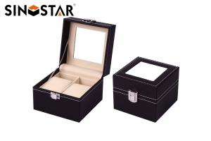 Cheap Mens Black Leather Double Watch Box Display Glass Top Jewelry Case Organizer wholesale