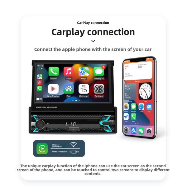 Creatall 7-Inch Single-Cylinder Retractable Screen Car MP5 Player HD BT Reverse Image Wireless Carplay USB-Dashboard Placement