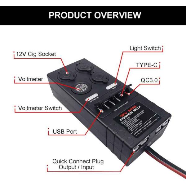 Mini 50A 12VDC Outdoor RV Power Distribution Box 6 USB 3 Cig Sockets