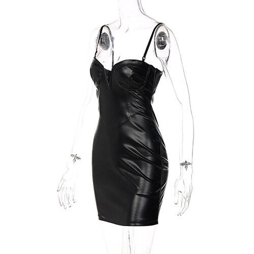 OEM maufactory New Women's Deep V -neck sleveless polyester Deep -back dress high -waist hip tight PU leather skirt