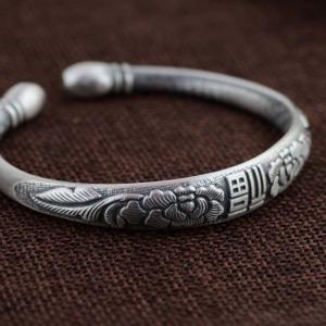 Women Sterling Silver Cuff Bracelet Engraved Fowers Blessings Retro Bangle
