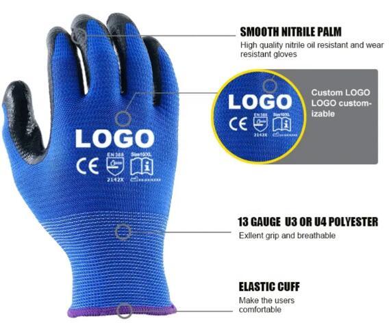 13 Gauge Nitrile Coated Gloves U3 Polyester Nylon Coated Gloves Zebra Liner