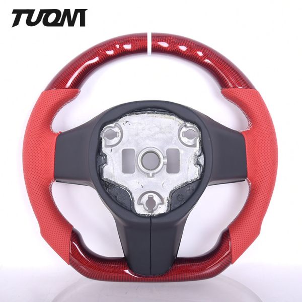 Red Carbon Fiber Rounded Top Flat Bottom Steering Wheel Tesla Model 3 Y