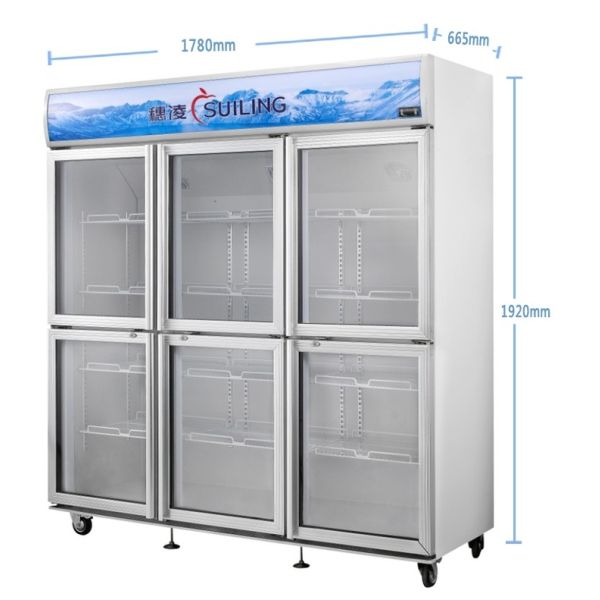 High Efficiency Commercial 6 Glass Door Refrigerator Fan Cooling Dual Compressor