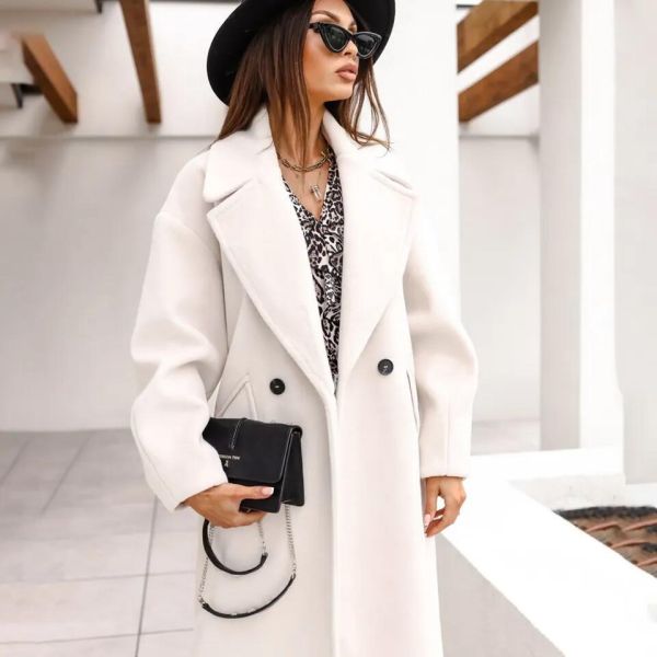 Fall and Winter Woman′s Coats Ladies Jackets Double Cotton Solid Turn Down Collar Long Coats for Women