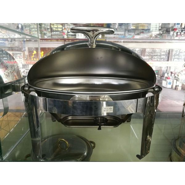 Stainless Steel Oval Roll Top Chafing Dish W/ 6.8L Oval Food Pan W/ Fuel Holder Lid Fully Open at 180°