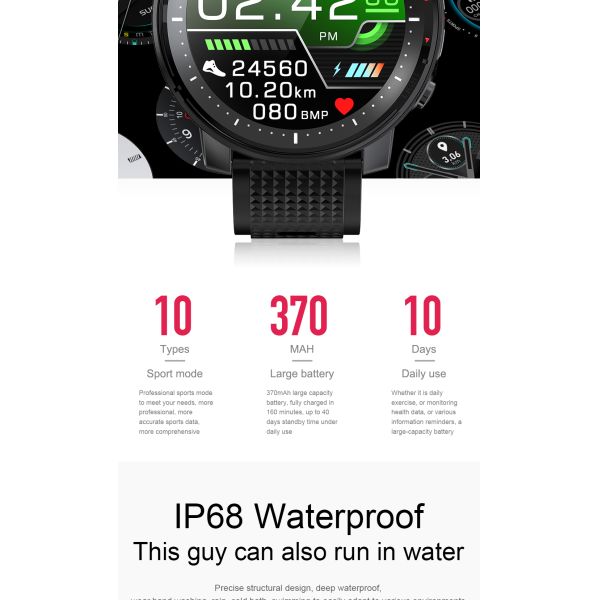 370mAh Mens Fitness Smartwatch 1.3" Full Touch Round Display