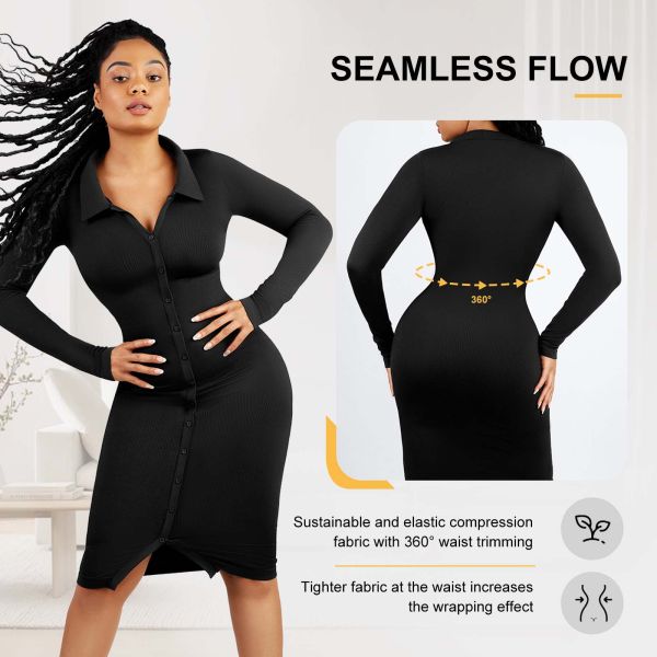 Seamless Waist Trimming Retro Long Sleeve Shirt Dress With Built In Shapewear Body Shaper For Women