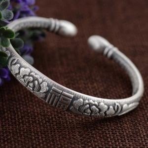 Women Sterling Silver Cuff Bracelet Engraved Fowers Blessings Retro Bangle