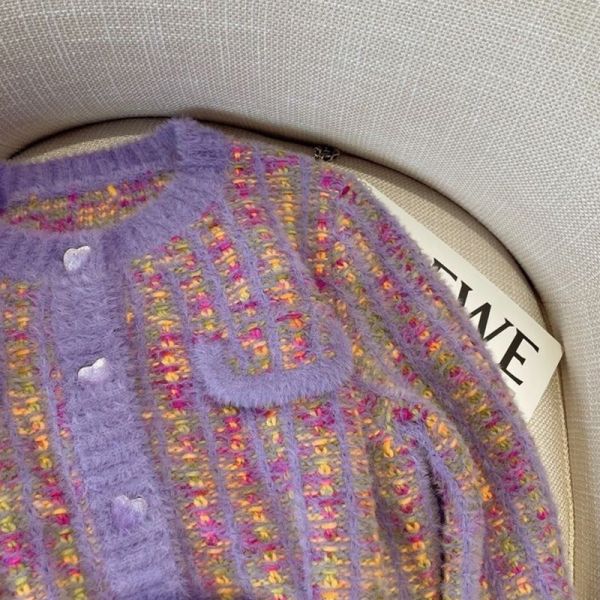 Pink Purple Checkerboard Fashion Bespoke Sweaters Elegant Womens Button Cardigan