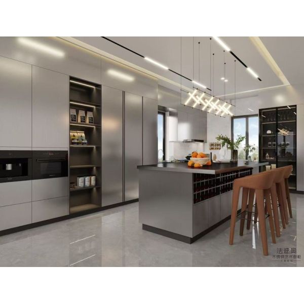 Fadior U-Shaped Original Stainless Steel Color Kitchen Cabinet With Wine Storage Island