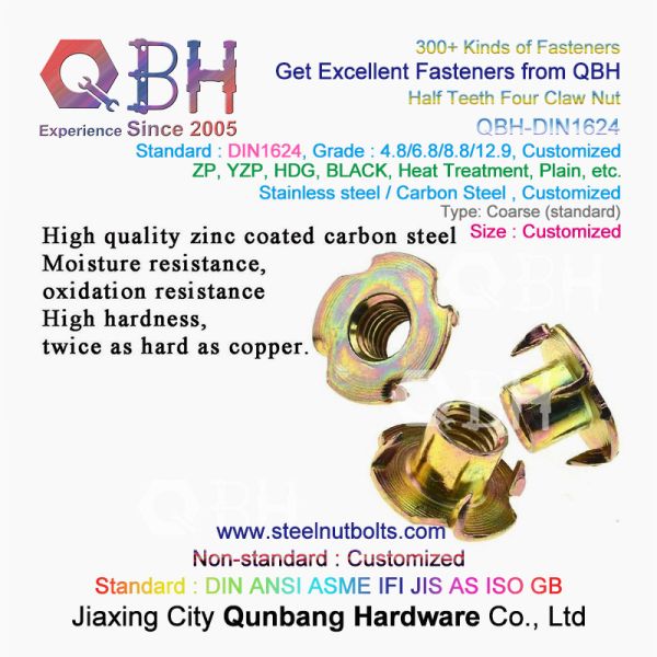 QBH M4-M10 DIN 1624 Yellow Zinc Coated Carbon Steel Tee Nuts With Pronge