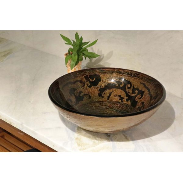 Classical Round Countertop Bathroom Sink Bowls , Tempered Glass Vessel Bathroom Sinks
