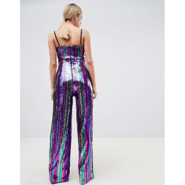 2019 new style sequin plunge front wide leg jumpsuit in rainbow stripe for girls