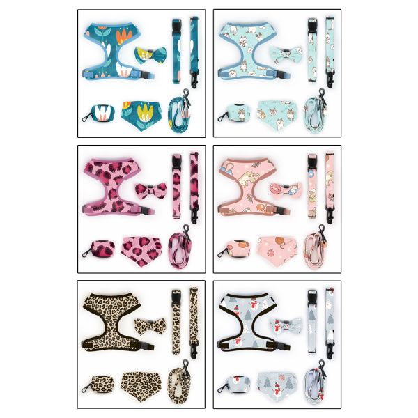 Polyester Leopard Print Pet Harness Sets Logo Adjustable Collar Leash Mesh Dog Harness