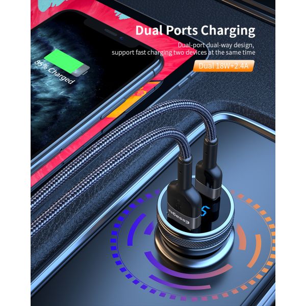 ESSAGER PD3.0 QC3.0 36W LED Digital Display USB C Car Chargers Dual Port