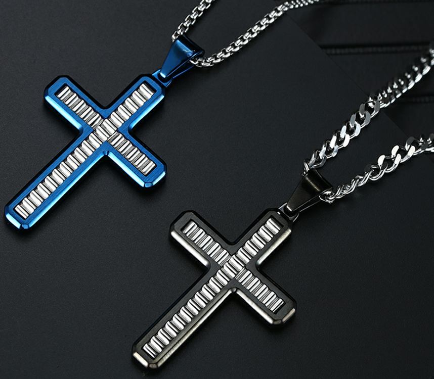 Anniversary Occasion Fashion Cross Pendant Blue Prayer Choker for Men Stainless Steel Necklaces